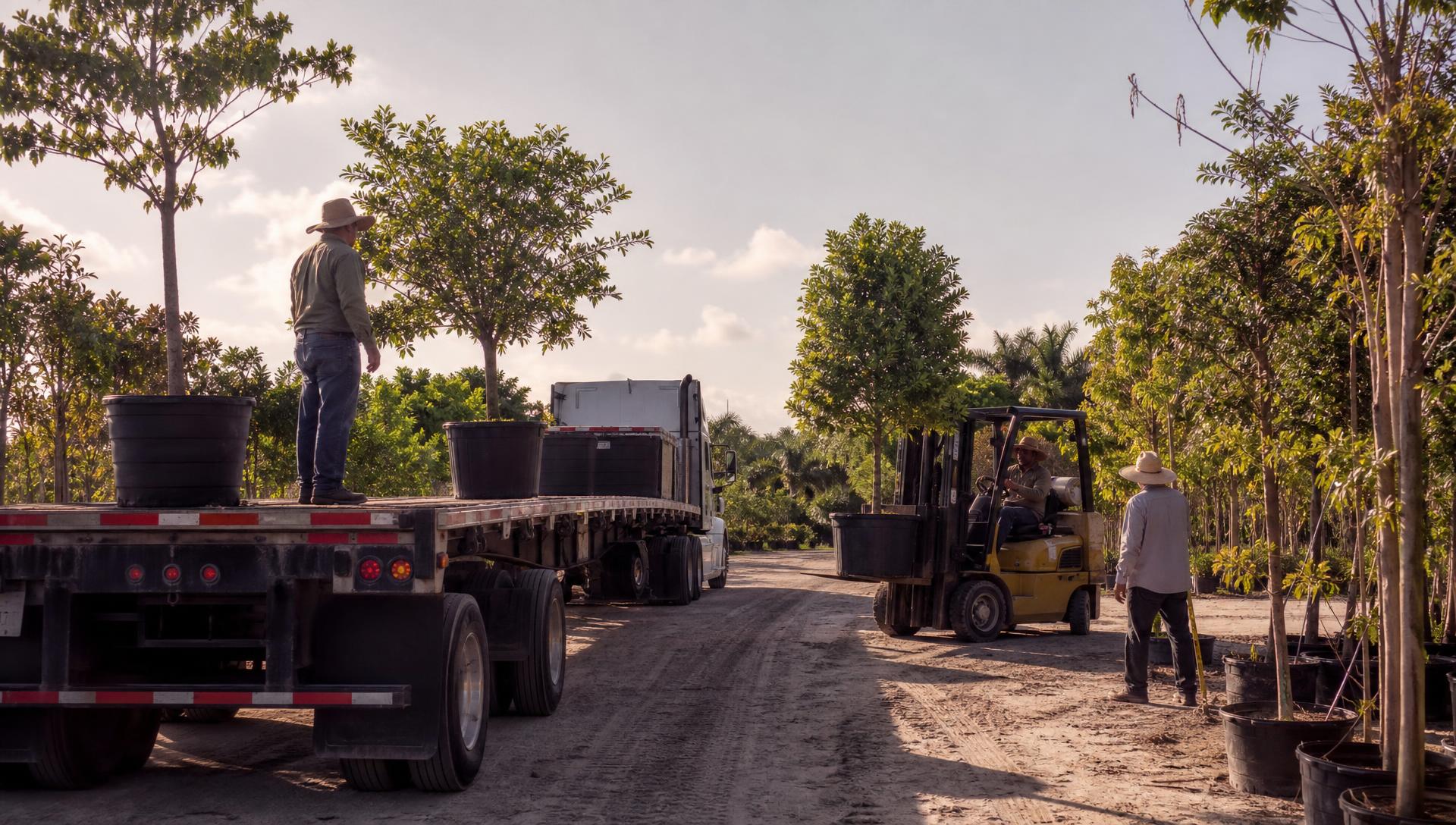 Forklift loading containerized trees onto a flatbed trailer at a wholesale nursery